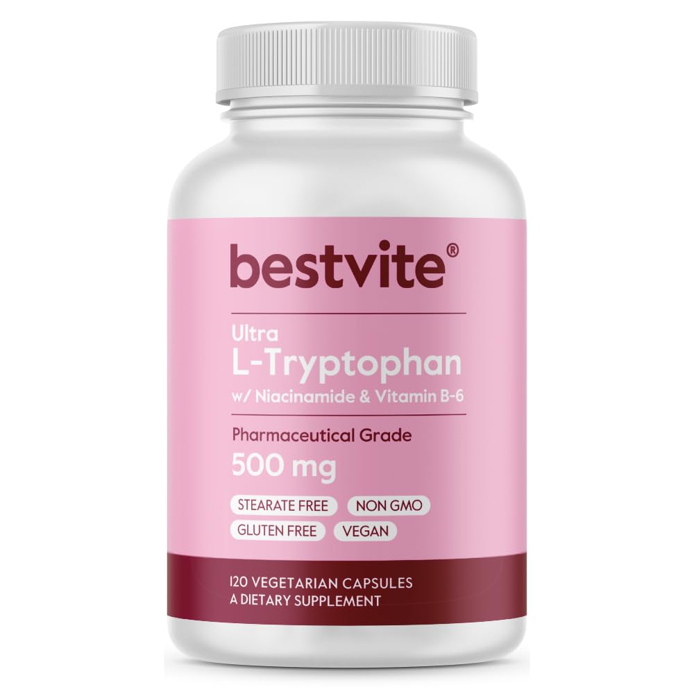 BESTVITE L-Tryptophan 500mg ile B3 & B6 (120 Vejetaryen Capsules) – No Fillers – No Stearates