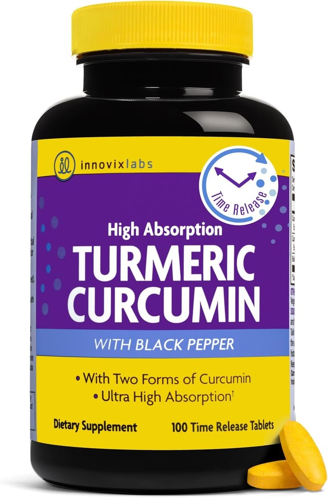 InnovixLabs Turmeric Curcumin with Black Pepper Extract - High Abors Turmeric and Curcumin Supplements with BioPerine, C3 Reduct & Curcumin C3 Kompleksi - 100 Zaman Yayın Tabletleri