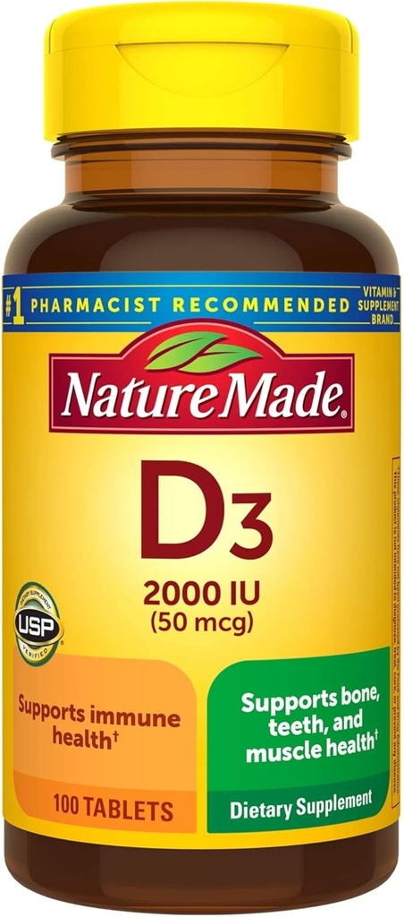Nature Made Vitamin D3, 100 Tablets, Vitamin D 2000 IU (50mcg) Βοηθά στην υποστήριξη της ανοσοποιητικής υγείας, 100 δισκία, -