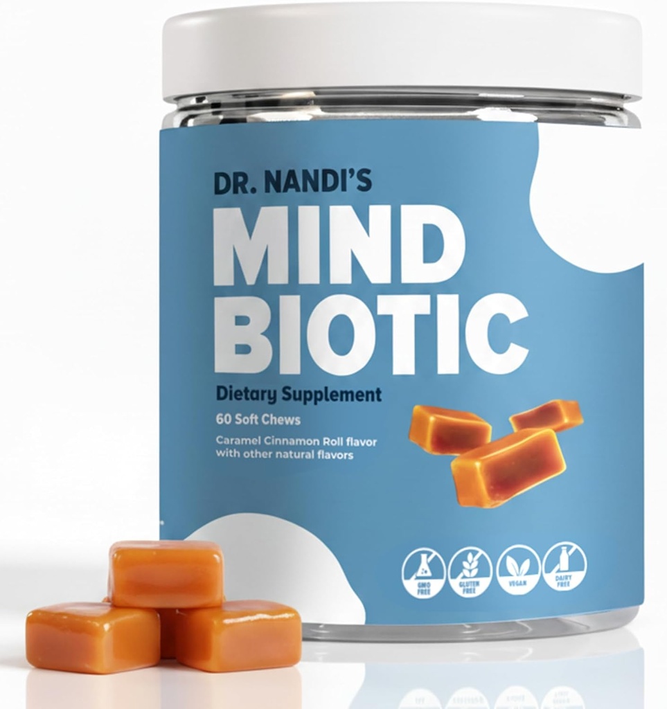 Dr. Nandi's MindBiotic Brain & Digestive Health Supplement - KSM-66 Ashwagandha, Probiyotiks & Prebiyotiks - Supports Memory, Focus, Energy & Gut-Brain Connection - 300MG - 60 Caramel Cinnamon Chews