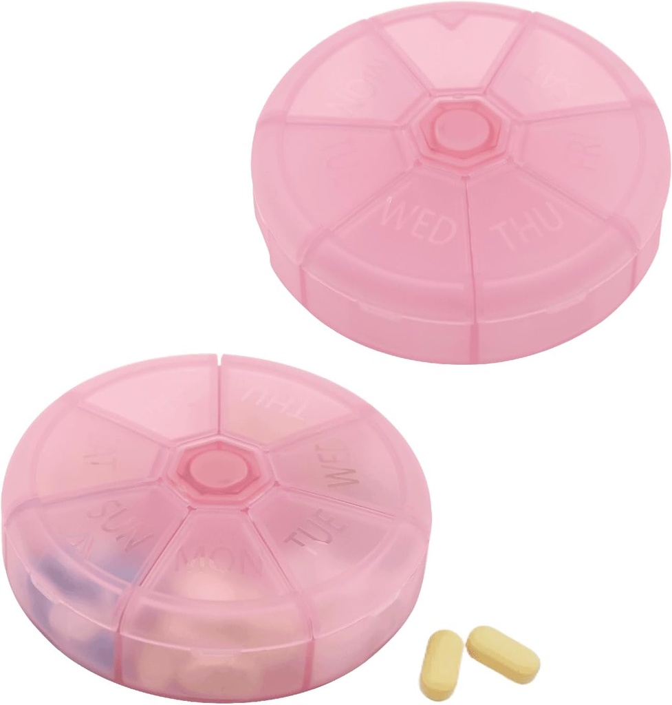 Portreatif Haftalık Pill Organizer 7 Gün Pills Konteyner, Round Pill Case Travel Friendly, Daily Week Pill Hatırlanmış Vaka, Ted-Free Vitamin, Tamam, Fish Oil, Drug Planlayıcı (Pink)