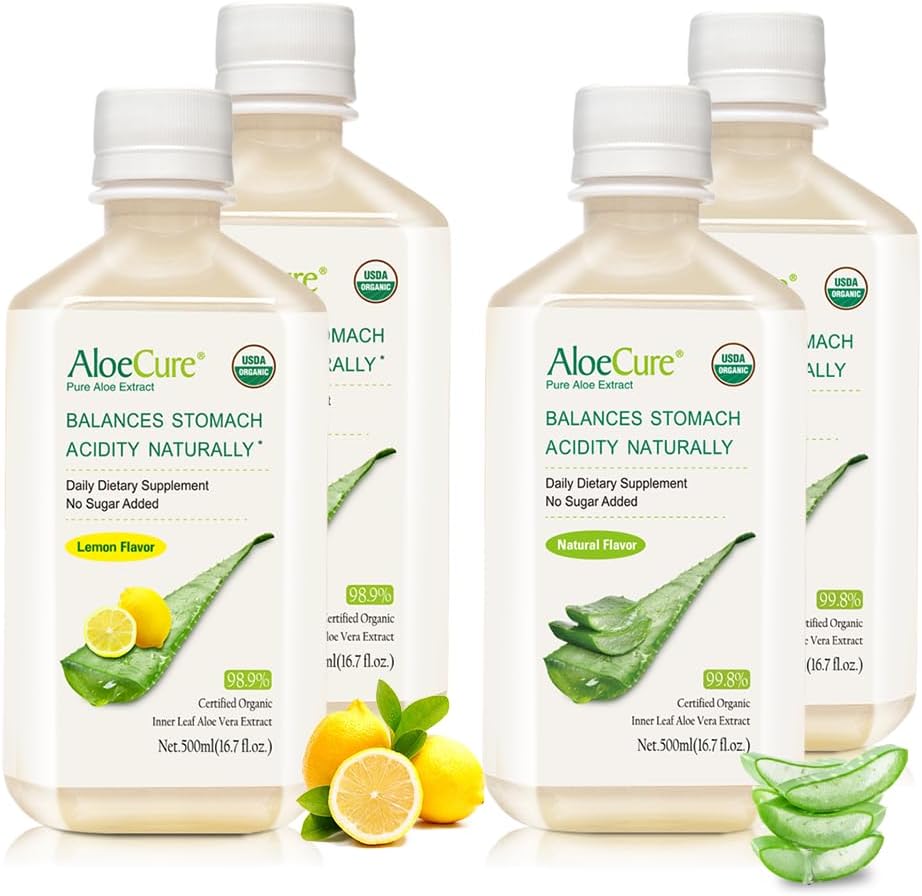 AloeCure Organic Aloe Vera Juice - 4 μπουκάλι δείγμα πακέτο - λεμόνι & φυσικό άρωμα, 4x500ml