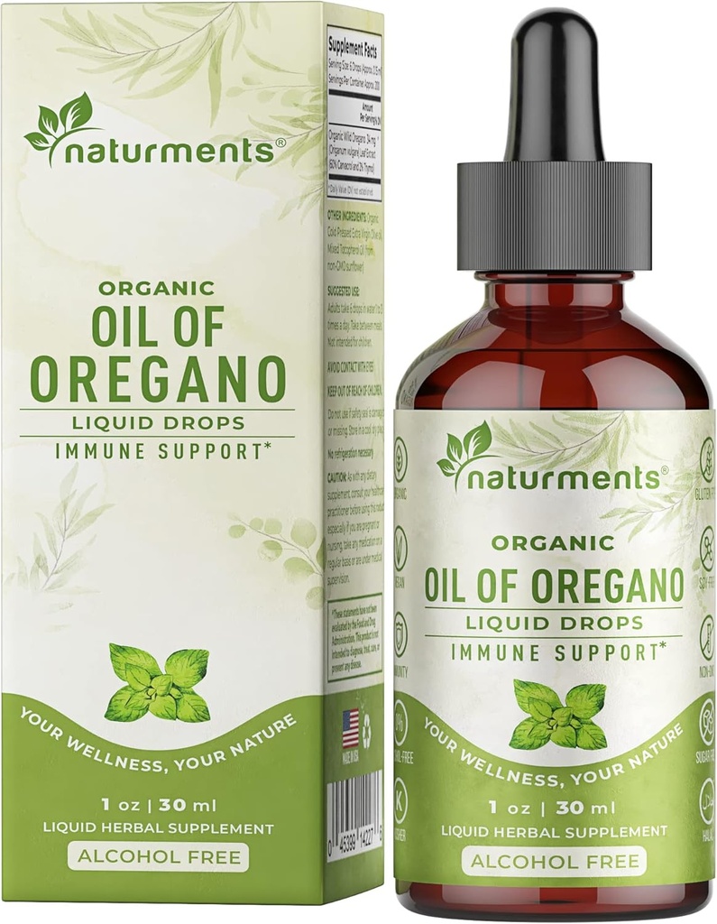 Naturments Oregano Oil Drops for Immune Support & Gut Health. Vegan, Non-GMO, Sugar Free & Gluten Free Organic Wild Mediterranean Oregano Oil with Organic Ekstra Virgin Olive Oil - 1 Fl Oz 30 Ml