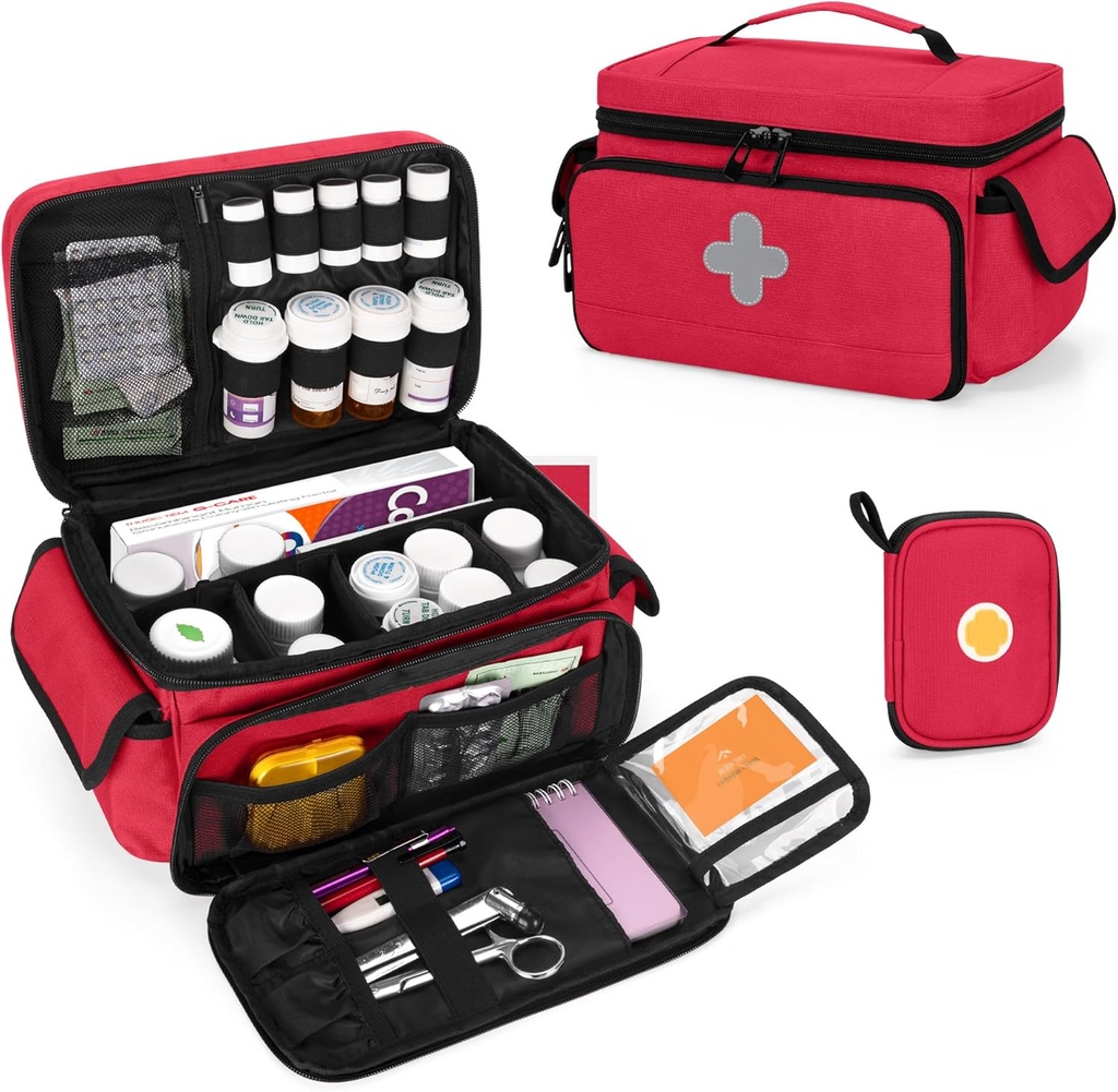 CURMIO Medicine Storage Bag Empty, Lockable Pill Bottle Organizer with Portable Zippered Pouches for First Aid Kits, Medicine Box for Home and Travel, Red (Patent Pending)