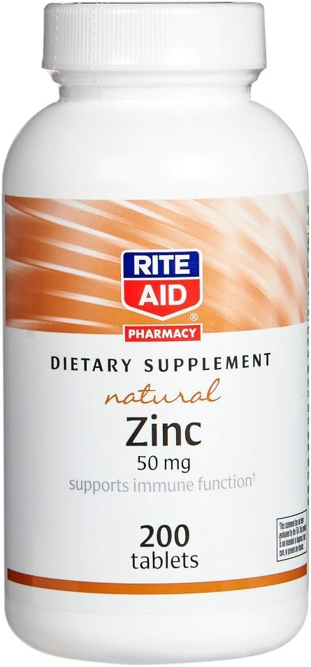 Rite Aid Φυσικός ψευδάργυρος, 50 mg, 200 δισκία - Υποστηρίζει την Ανοσοποιητική λειτουργία - Συμπληρώματα ψευδαργύρου - Συμπλήρωμα Βιταμίνης - Φυσικός ψευδάργυρος συμπλήρωμα - Ουσιαστικό Ορυκτό για την Αντιοξειδωτική Υγεία - Easy-to-Swallow