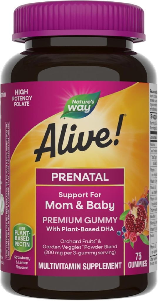 Η Οδός της Φύσης Ζωντανή! Προγεννητική Premium Gummy πολυβιταμίνη, υψηλής ισχύος Folate, φυτικής βάσης DHA, χορτοφάγων, φράουλας και λεμονιών Γεύσης, 75 Gummies