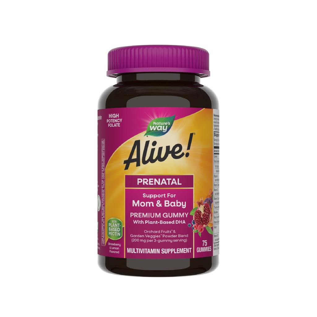 Doğanın Yolu Alive! Prenatal Premium Gummy Multivitamin, High Potency Folate, Plant-Based DHA, Vegetarian, Strawberry ve Lemon Flavored, 75 Gummies