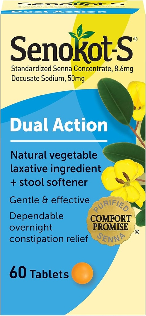 Senokot-S Dual Action 60 Tablet, Doğal Sebze Laxative Materials Plus Stool Softener Tabletleri, Occasional Constipation Relief Of Occasional Constipation Relief Of Occasional Constipation Beyaz Beyaz Beyaz