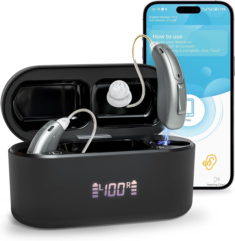 Hearing Aids (Not Amplifiers), Bluetooth Rechargeable Hearing Aids for Seniors Adults, Superior Sound Quality OTC Smart Hearing Aid with Noise Cancellation, Bluetooth Enabled & App Control, 4 Modes
