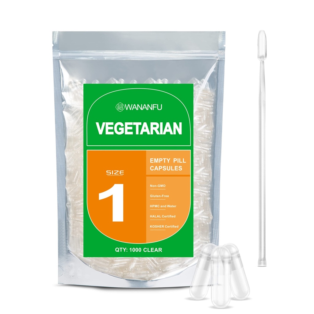 wananfu Boyutu 1 Boş Kapsüller Vejetaryen (1000 Kont) Micro Lab Spoon, Clear Fillable Veggie Pill Capsules Boyutu 1 Kendi Tamamlarınızı Yapmak için