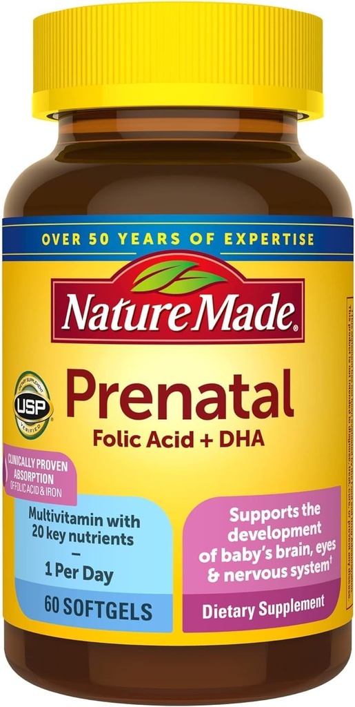 Nature Made Prenatal Vitamin + DHA Softgels with Folic Acid, Iodine ve çinko, 60 Count