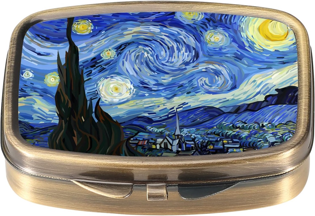 Dynippy Pill Case Pill Box with Mirror Retro Pocket 2 Karşılaştırmalı Tıp Davası Pill Organizer for Pocket Purse and Travel (A-Van Gogh The Starry Night)