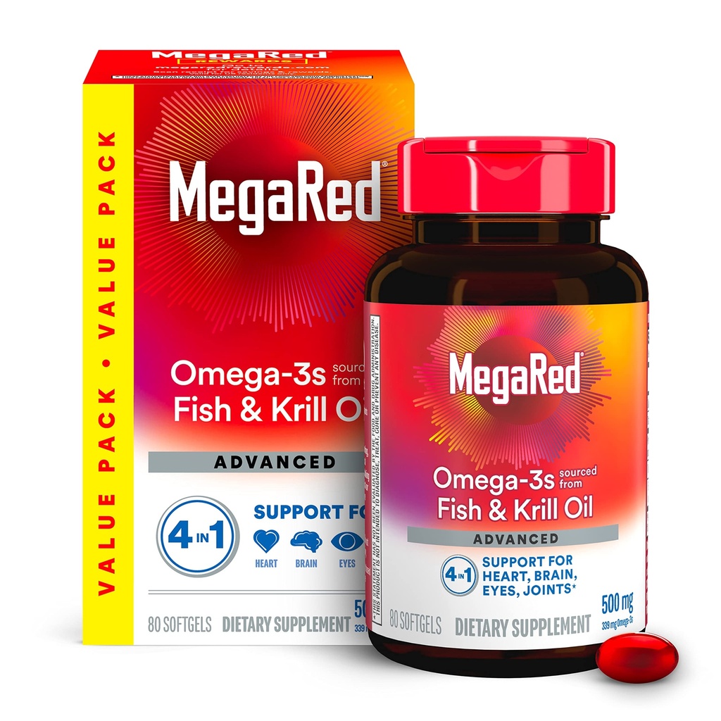 MegaRed Omega-3 Fish Oil + High Absorption Krill Oil 500mg Softgels (80 Count (Pack of 1))