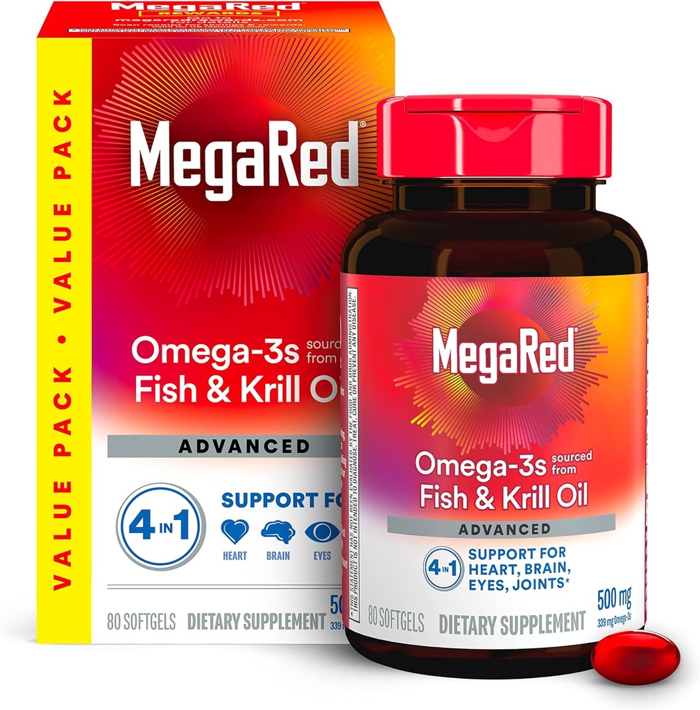 Megared Omega-3 Fish Oil + High Abxia Krill Oil 500 mg Softgels, Mega Red Advanced 4in1 (80 bir şişede sayı) Yoğun Omega-3 Fish & Krill Oil Supplementd Omega-3 Fish & Krill Oil Supplement
