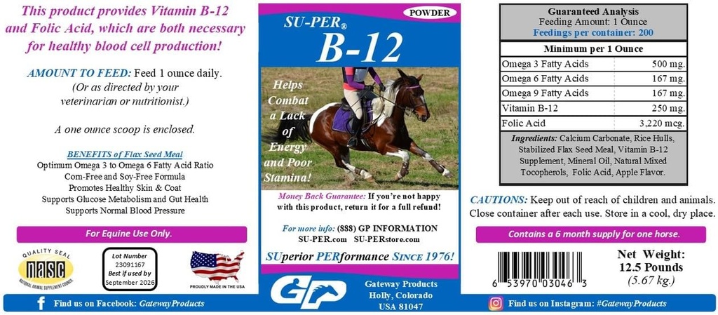 SU-PER B-12 Energy Horse Supplement - Equine Vitamins B-12 & B-9 Folic Acid Support Toz - 12.5 Pounds, 6 Ay Supply