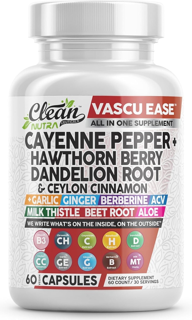 Clean Nutra Cayenne Pepper Capsules συμπλήρωμα με Hawthorn Berry, Dandelion Root, Ceylon Cinnamon, Σκόρδο, Τζίντζερ, Βερβερίνη, μηλίτη ξύδι, γαϊδουράγκαθο γάλακτος, ρίζα τεύτλων, χάπια αλόης Vera & More