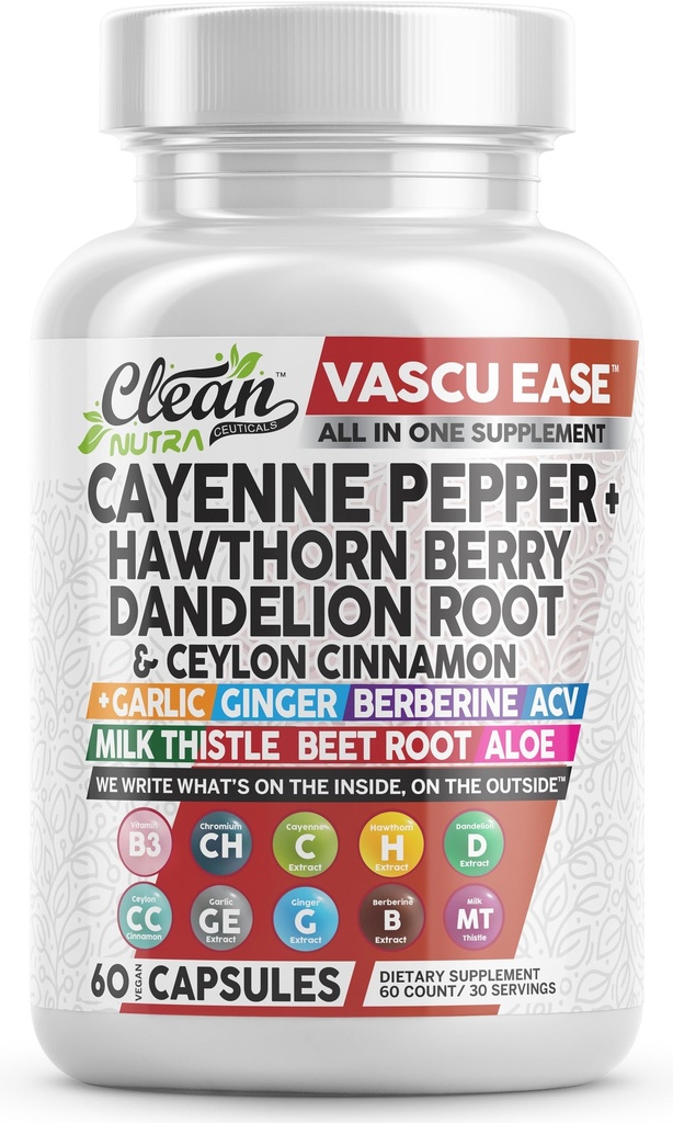 Temiz Nutra Cayenne Pepper Capsules Supplement with Hawthorn Berry, Dandelion Root, Ceylon Cinnamon, G, Ginger, Berberine, Apple Cider Vinegar, Milk Thistle, Beet Root, Aloe Vera Pills & More