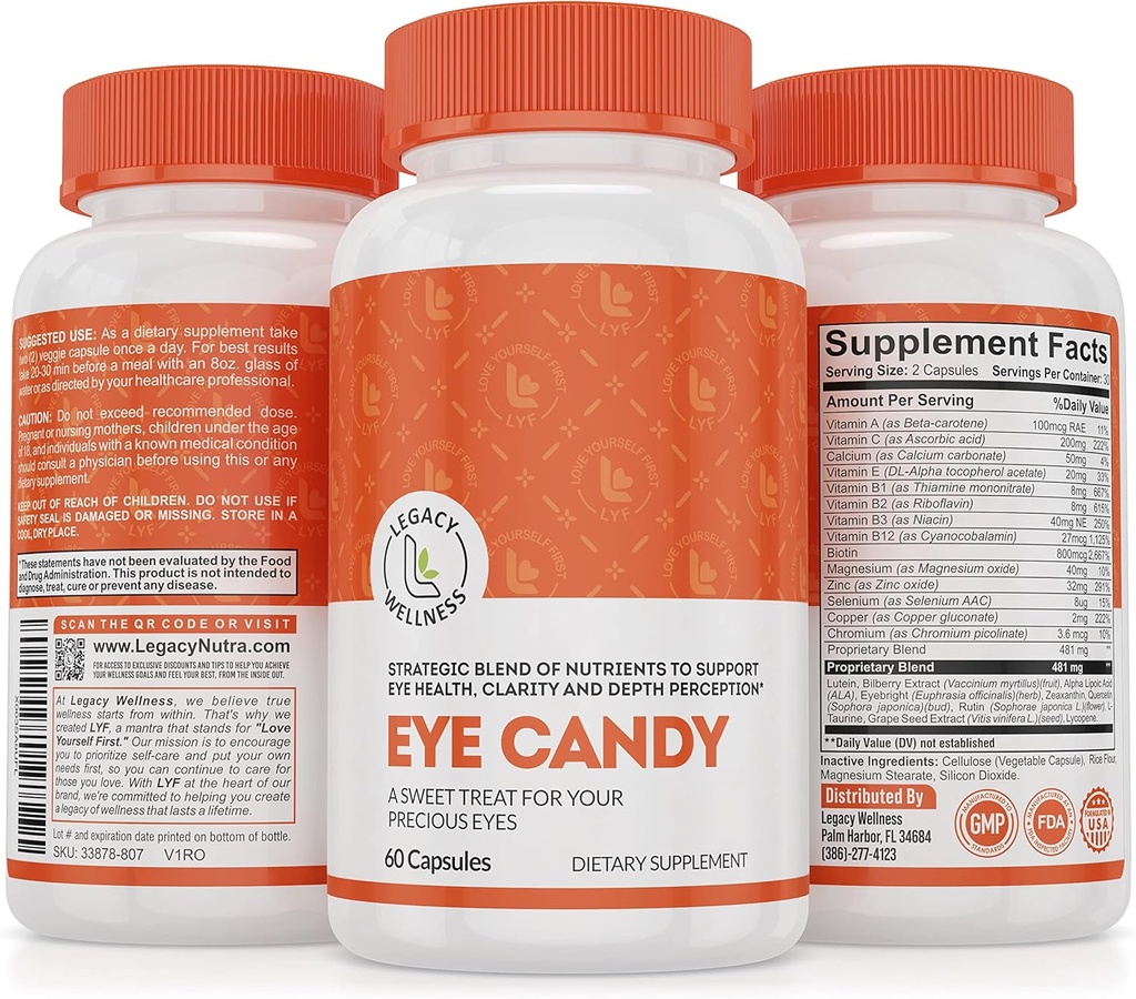 Legacy Wellness Eye Candy Βιταμίνες ματιών με λουτεΐνη, Ζεαξανθίνη, Ασβέστιο, Βιοτίνη, Χαλκός, Χάπια ψευδαργύρου + Υποστηρίζει την υγεία του οράματος στη γήρανση Ενήλικες + Ελάττωση ματιών από πάρα πολύ χρόνο οθόνης, Συμπληρώματα ξηρών ματιών