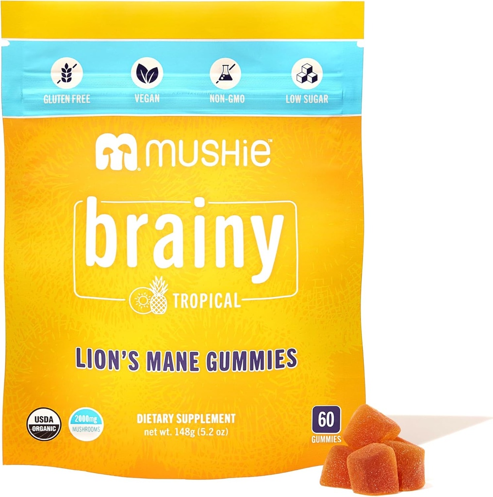 Mushie 100% Organik Aslan'ın Mane Mushroom Gummies - 2000 mg (75 mg A & B-Glucans) Beyin Sağlığı, Focus & Memory - 60 Organik Lions Mane Gummies for Yetişkinler & Kids
