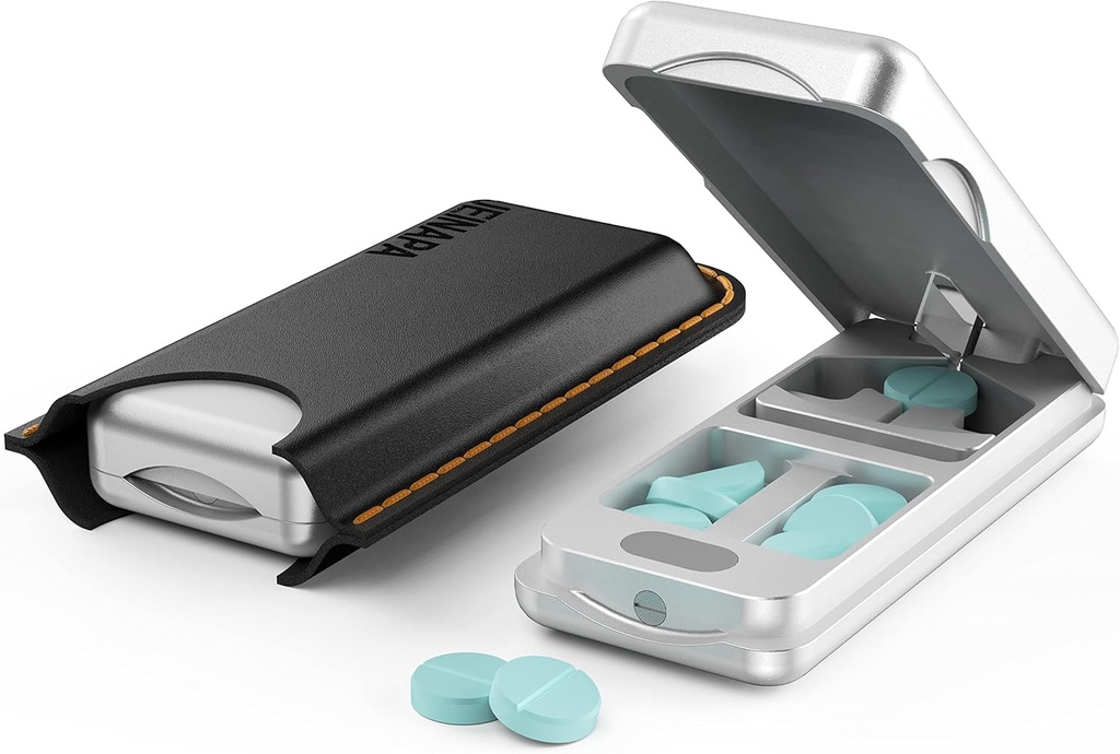 Auto Centering Device ile Pill Splitter with 316L paslanmaz Blade, Gerçek Deri Case, Profesyonel Pill Splitter for kesim Small Pills or Large Pills (Silver)