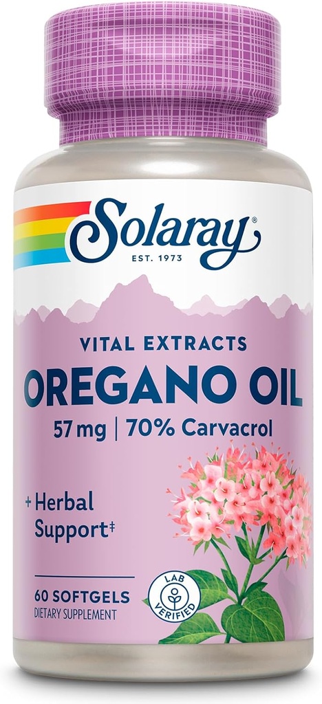 SOLARAY Oregano Oil 57 mg - Oregano Softgels Petrol - Genel Sağlık ve Sağlık Desteği için Herbal Supplements /% 70 Carvacrol - Ekstra Virgin Zeytinyağı, 60 Günlük Garanti, 60 Serv, 60 Softgels