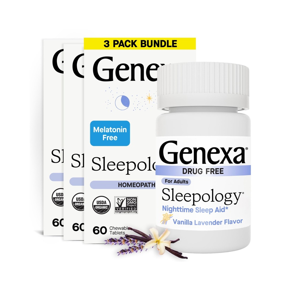 Yetişkinler için Genxa Sleepology | Melatonin Free Sleep Calm Aid | Soothing Natural Vanilla & Lavender Flavor | Sertifikalı Organik & Non-GMO | Homeopathic Remedy Made Clean | 180 Chewable Tabletler (3 Paket)