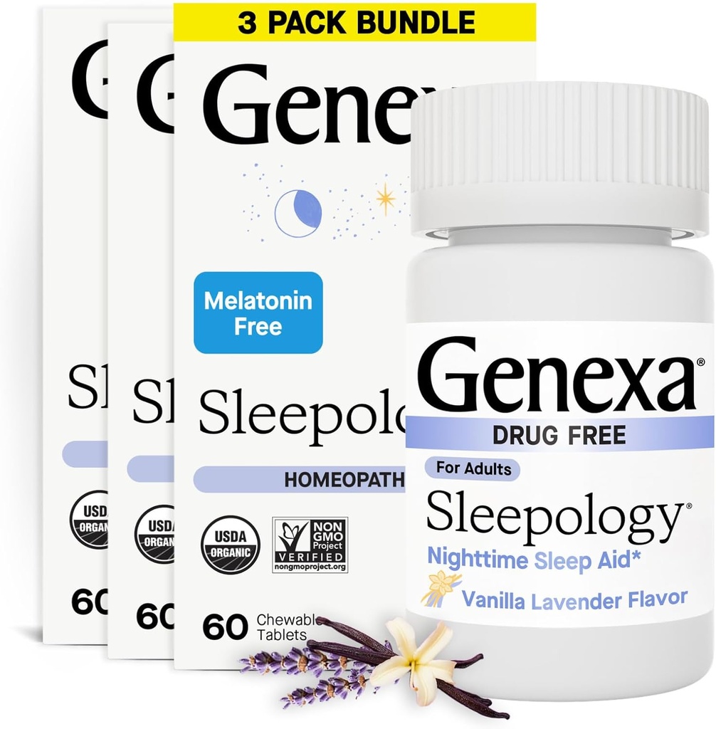 Yetişkinler için Genxa Sleepology | Melatonin Free Sleep Calm Aid | Soothing Natural Vanilla & Lavender Flavor | Sertifikalı Organik & Non-GMO | Homeopathic Remedy Made Clean | 180 Chewable Tabletler (3 Paket)