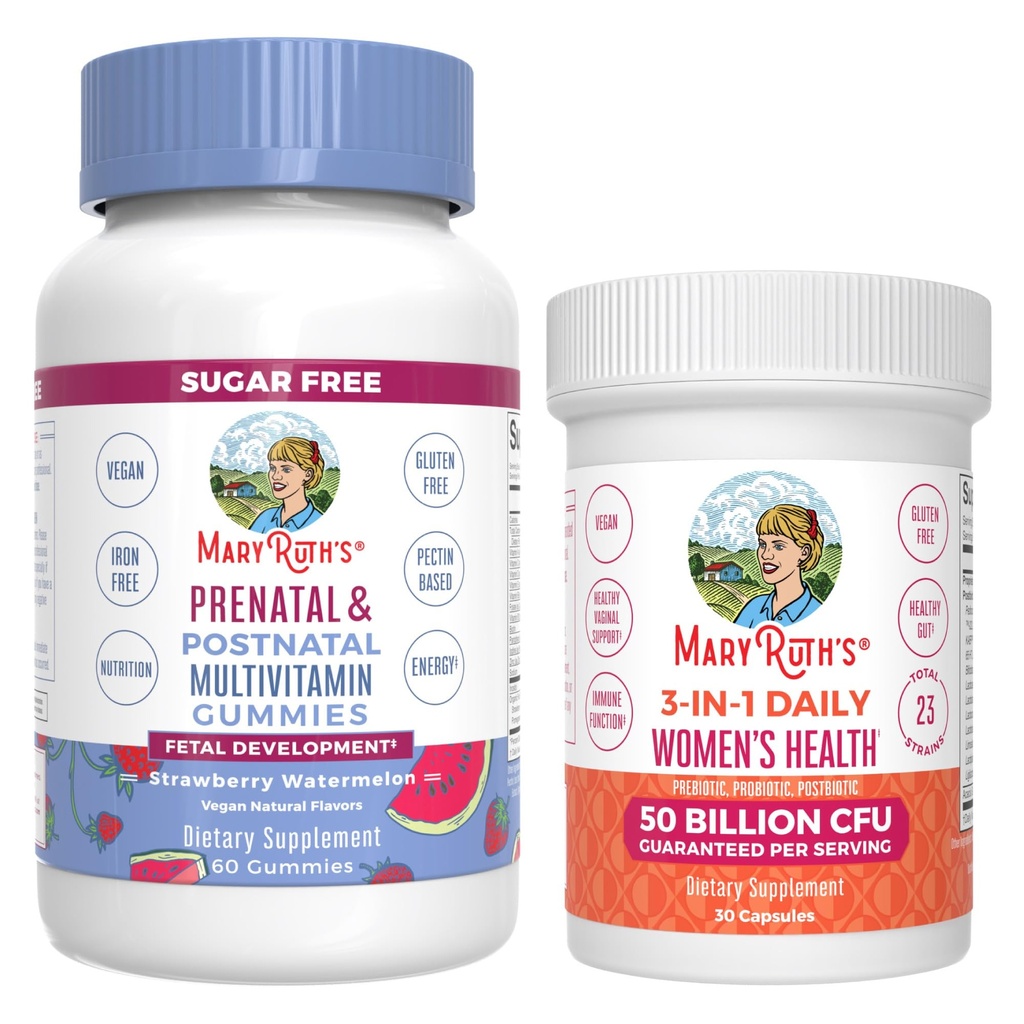 MaryRuth Organics Prenatal Postnatal Multivitamin Gummies (Strawberry) & Women's 3-in-1 Daily Probiyotik Capsules | Clean Label Project TY® | Emziring & Gut Health | Vegan, Non-GMOt Health |