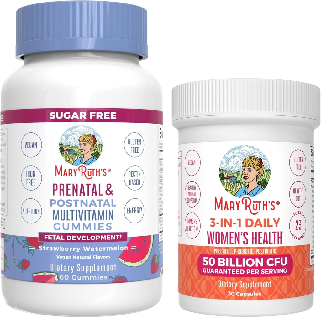 MaryRuth Organics Prenatal Postnatal Multivitamin Gummies (Strawberry) & Women's 3-in-1 Daily Probiyotik Capsules | Clean Label Project TY® | Emziring & Gut Health | Vegan, Non-GMOt Health |