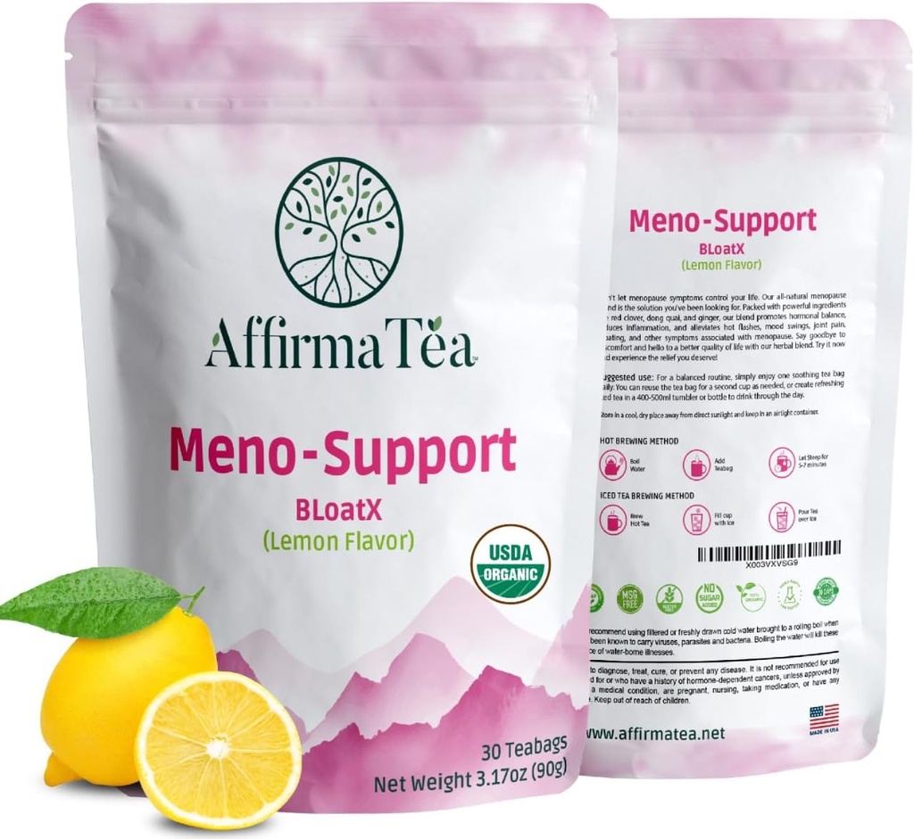 Meno-Support BloatX Organic Εμμηνόπαυση Ανακούφιση: Ισορροπίες & Υποστηρίζει Hot Flashes, Ορμόνες, Moods Swings, Νυχτερινές Ιδρώσεις, & Bloating με Black Cohosh, Red Clover & Dong Quai. Φυσικό φρέσκο άρωμα λεμόνι.