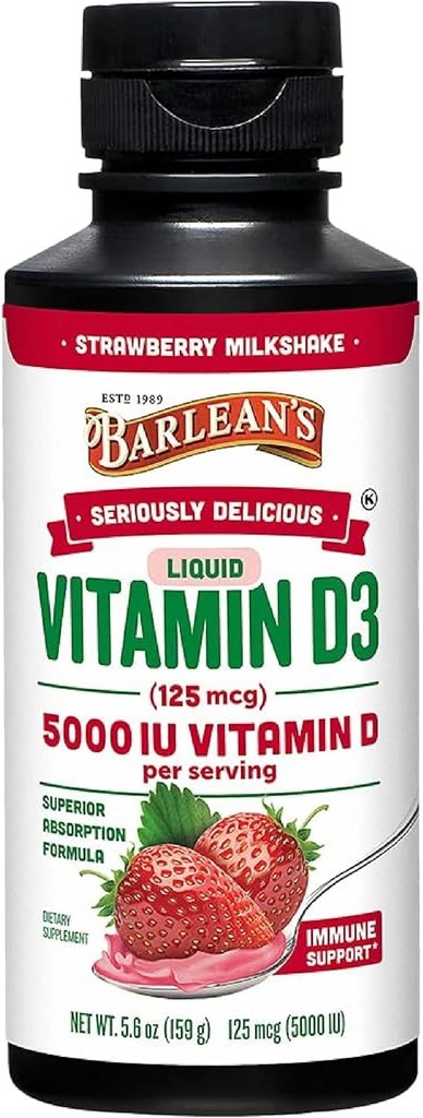 Barlean'ın Vitamini D, 5000 IU D3, Çocuklar ve Yetişkinler için Strawberry Milkshake Flavored, Non-GMO, Gluten-Free - 5.6 ozz