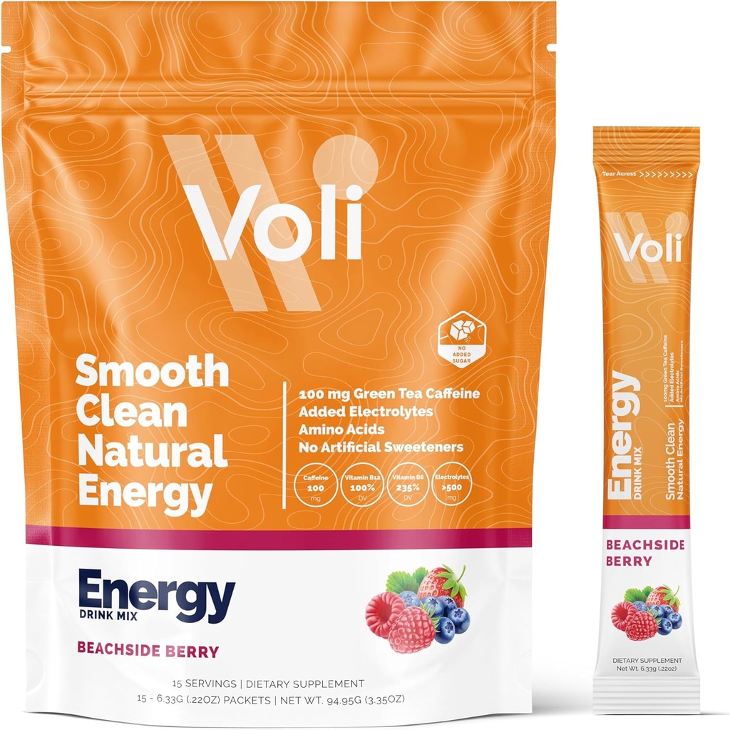 Voli Energy Drink Mixets | Natural Pre-Workout Toz with Green Tea Caffeine & B Vitamins, Amino Asits & Electrolytes for Sustained Focus, Hydration & Clean Energy | No included Sugar, 15Count