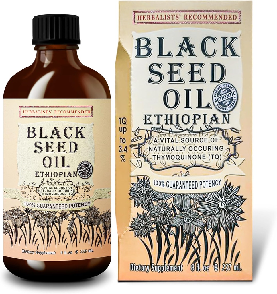 Black Seed Oil 8 oz - Cold Pressed Etiyopyan Black Cumin Nigella Sativa, 3X Senmoquinone, 100% Pure & Organik Sıvı Cam Şişede - Destekler Immune, Saç ve Skin Health