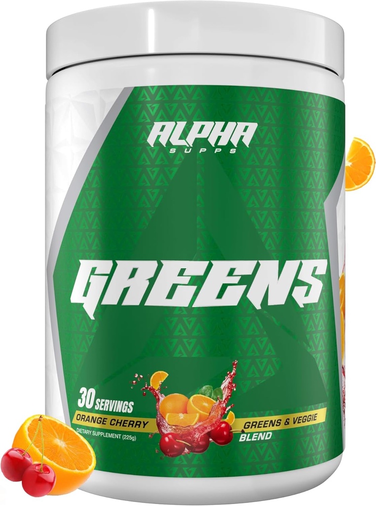 Alfa Supps - Alpha Greens Supplement | Meyve ve Sebze Superfood Toz | 40 Doğal Bitki Temel Malzemeler | Prebiyotik & Probiyotik Digestive Support Mix - 30 Hizmet (Orange Cherry)