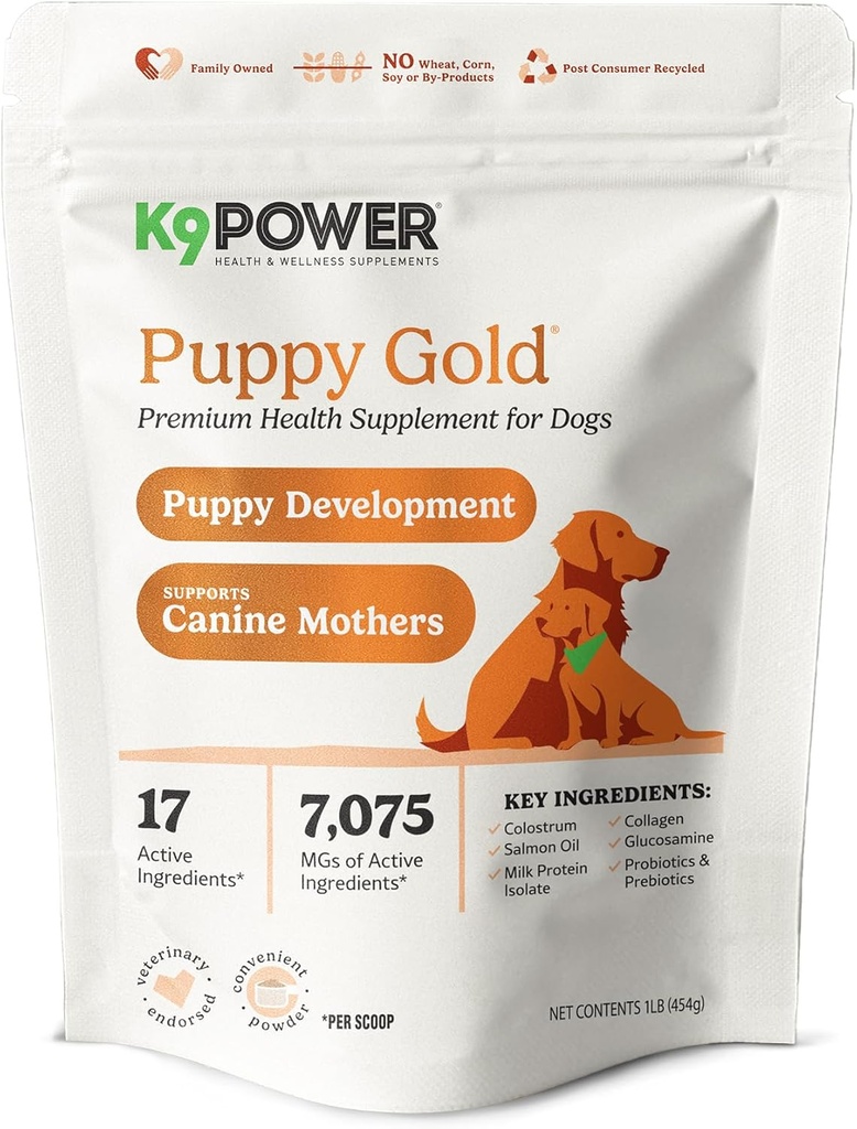 K9 Power Puppy Gold 1 LB - Συμπλήρωμα για την καλλιέργεια κουτάβια & θηλάζουσες μητέρες - Βασικά θρεπτικά συστατικά για την υγιή ανάπτυξη & ανάπτυξη - 45 Scoops