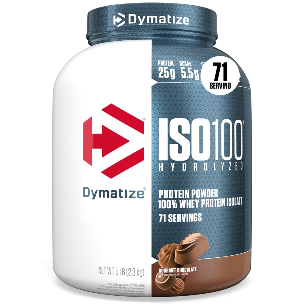 Dymatize ISO100 Whey Protein Powder Isolate, Gourmet Chocolate, 25g πρωτεΐνης, 5 Λίρες, 5.5g BCAAs, λιγότερο από 120 Cal., Χωρίς γλουτένη, 1g λίπος, 1g ζάχαρη, 2g υδατάνθρακες (71 εξυπηρετούν)