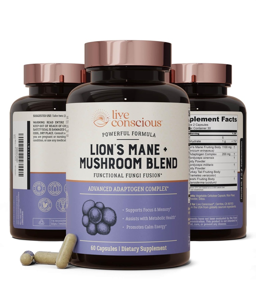 Live Conscious Lions Mane Mushroom Supplement Capsules for Brain Support w/Lion's Mane, Cordyceps, Reishi ve Türkiye Tail Mushrooms - Cognitive Memory Supplement for Brain Support