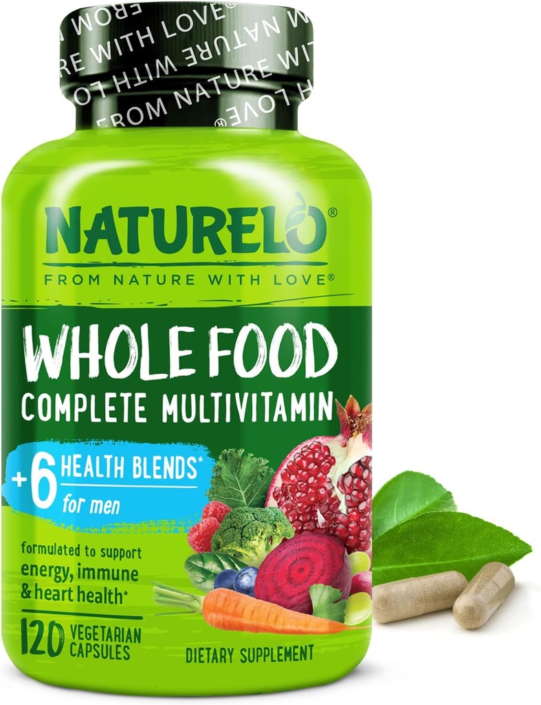 NATURELO Mens Πολυβιταμίνες - Ολόκληρα τρόφιμα Πολυβιταμίνη για άνδρες με βιταμίνες, ορυκτά - 120 κάψουλες χορτοφάγων για την ενέργεια, τον εγκέφαλο, την καρδιά, την υγεία των ματιών*