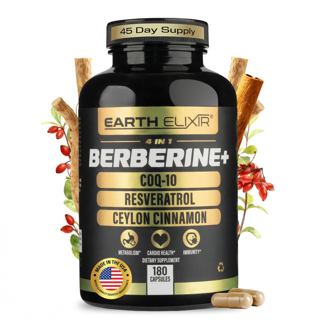 Earth Elixir 4-σε-1 Berberine Συμπλήρωμα – Βιολογική Βερβερίνη με Ceylon Κανέλα, CoQ10 Ubiquinol, και Resveratrol σκόνη – Μεταβολική & Κυτταρική Ενέργεια Υποστήριξη, 180 Vegan Κάψουλες