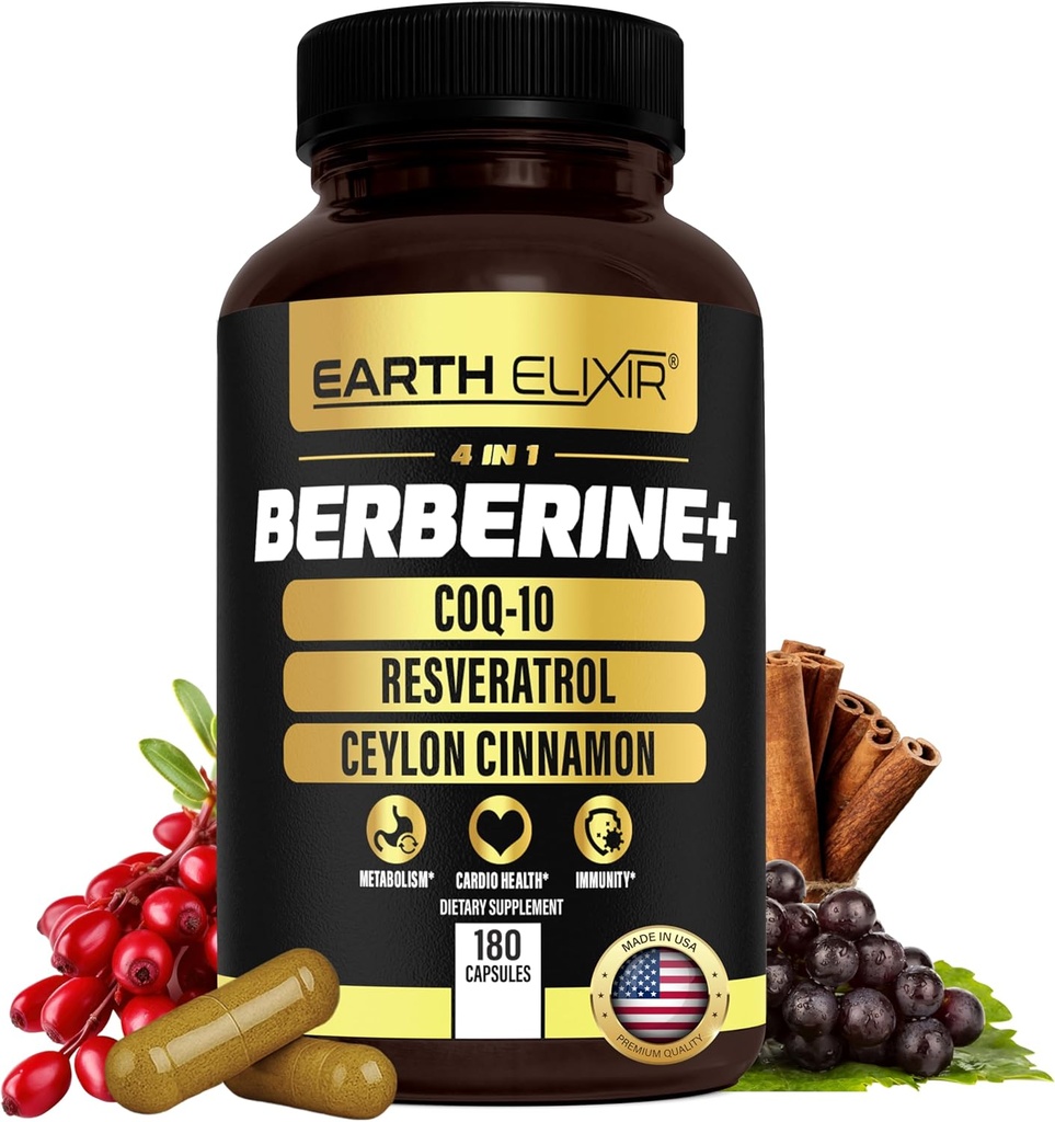 Earth Elixir 4-σε-1 Berberine Συμπλήρωμα – Βιολογική Βερβερίνη με Ceylon Κανέλα, CoQ10 Ubiquinol, και Resveratrol σκόνη – Μεταβολική & Κυτταρική Ενέργεια Υποστήριξη, 180 Vegan Κάψουλες