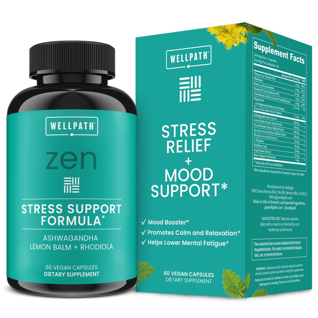 WellPath Zen Stress Relief + Mood Support | Calm, Stres ve Enerji Desteği | Ashwagandha Root, Rhodiola Rosea, L-Theanine, Lemon Balm | Herbal Capsules, 60 Ct
