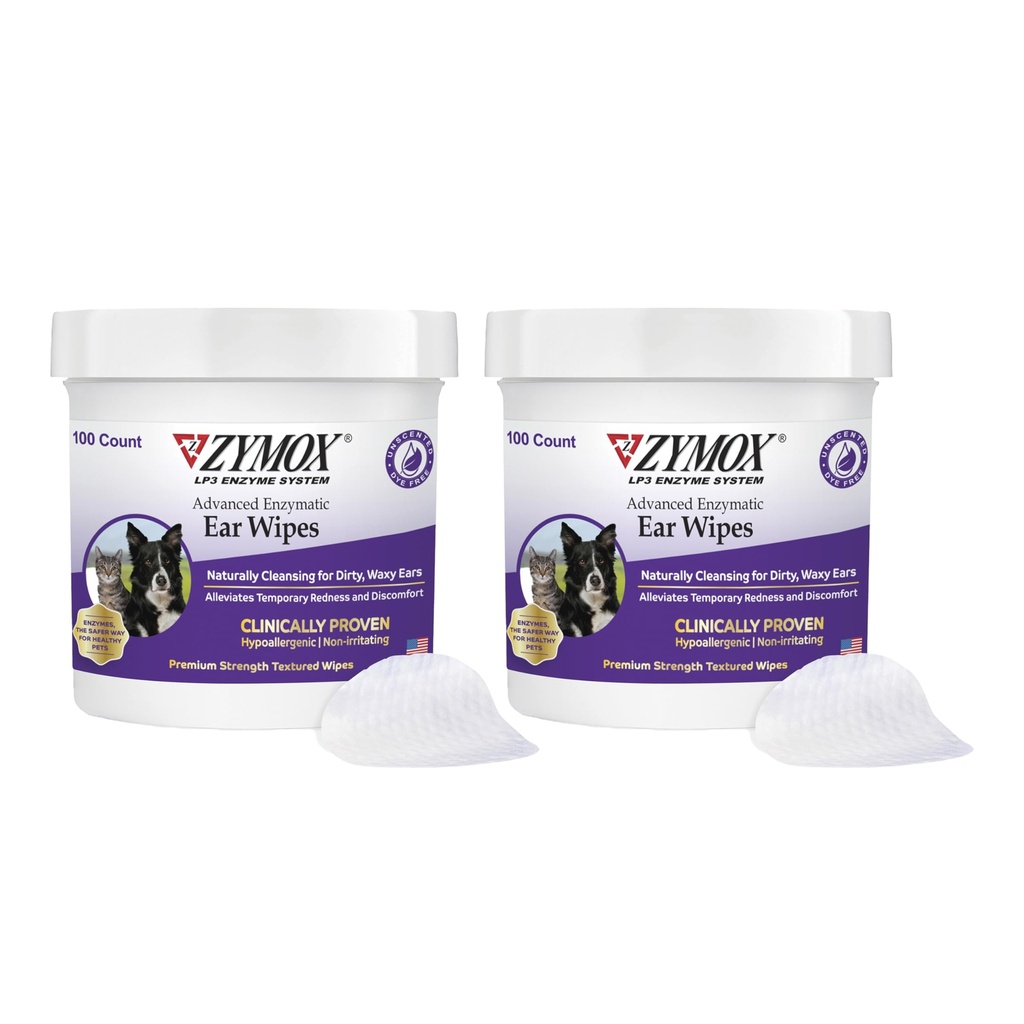 Zymox Advanced Enzymatic Ear Wipes for Dogs and Cats - for Dirty, Waxy, Smelly Ears - Premium Strength Ear Cleaner Wipes - Μη Ερεθιστικά - Hypoallergenic (100 Count-Pack of 2)