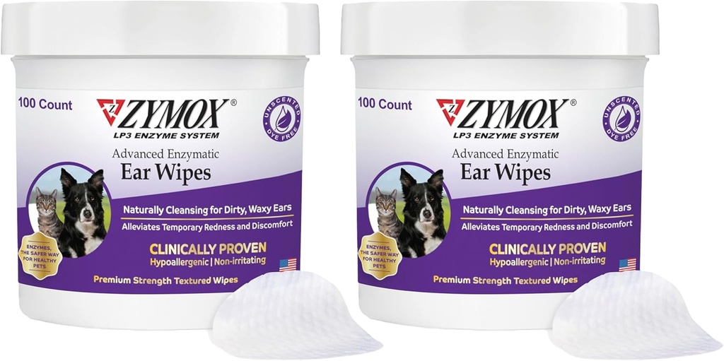 Zymox Advanced Enzymatic Ear Wipes for Dogs and Cats - for Dirty, Waxy, Smelly Ears - Premium Strength Ear Cleaner Wipes - Μη Ερεθιστικά - Hypoallergenic (100 Count-Pack of 2)