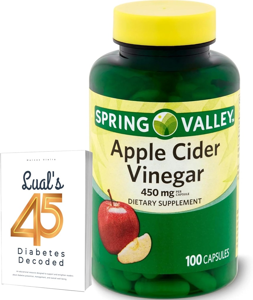 Apple Cider Vinegar 450mg. Spring Valley Apple Cider Vinegar Caps 450 mg 100 Count, Non-GMO, Gluten Free Supplement Bundle with Luall's 45 Diabetes Decoded