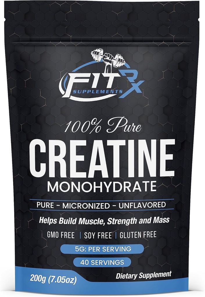 FITRxSupplements.com Pure Creatine Monohydrate Powder - Zero Added Ingredients - No Calories, 5g per Serving, Unflavored 40 Servings, 200g, Quick Dissolve
