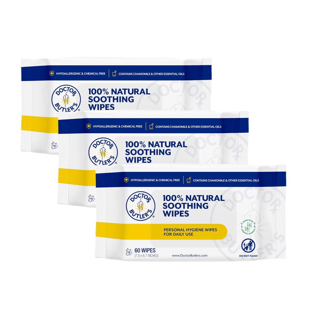 Doktor Butler'in Soothing Wipes – All-Purpose Wet Wipes for Hassas Skin, Face Wipes ve Bebek Wipes with Chamomile and Essential Oils* (3 Pack – 60 Count)