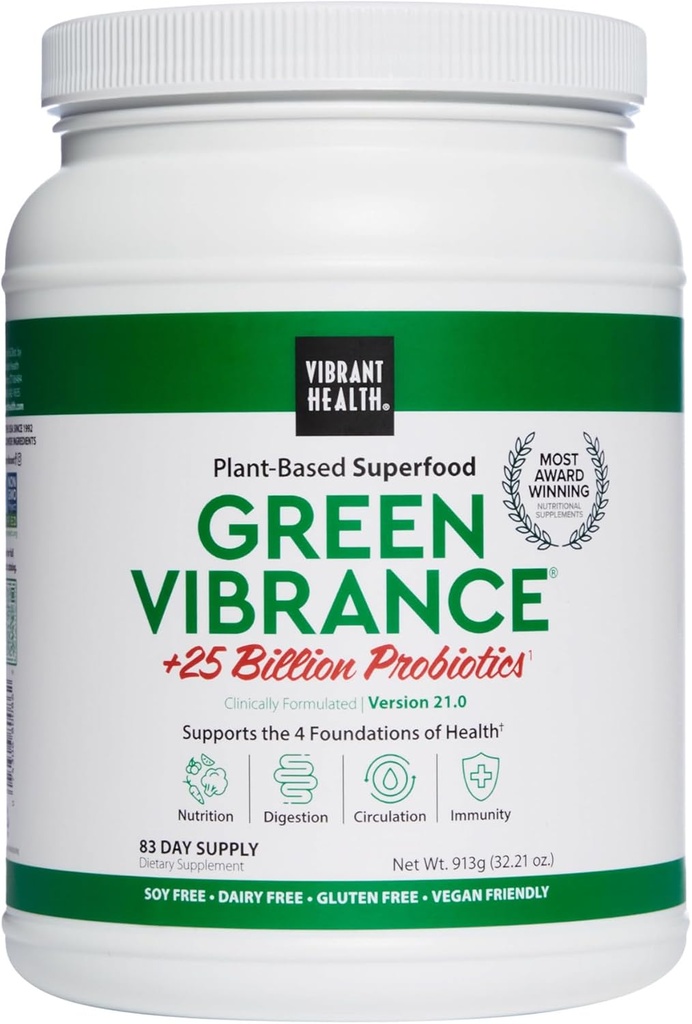 Vibrant Health, Green Vibrance, 65 Plant-Based Superfoods, 25 Milyar Probiyotikler, Fiber, Adaptogens & Enzymes, 83 Hizmetler,