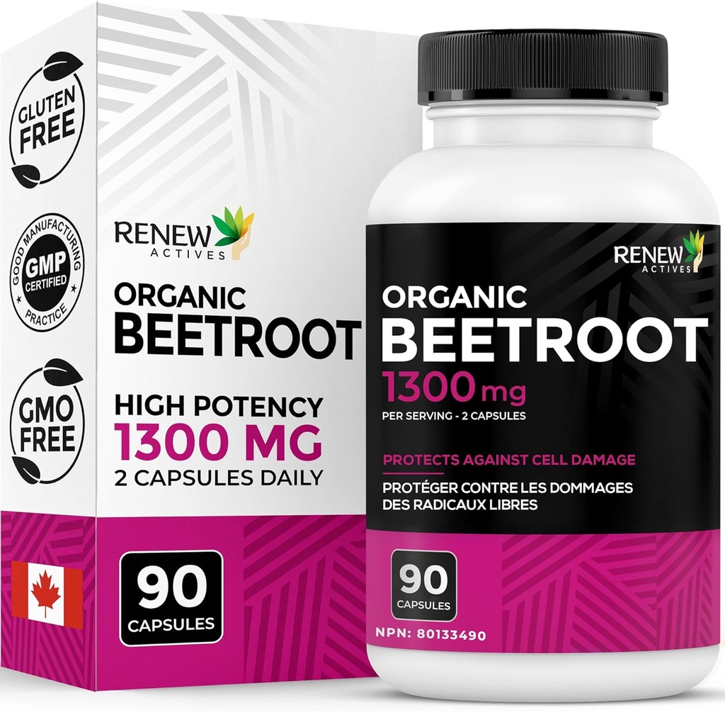 Renew Actives Organic Beetroot Supplement 1300MG per 2 Capsules - Pure Beetroot Toz For Circulation, Natural Energy, & Antioksi Faydaları - Kanada'da Yapılan Yüksek Lisans Superfood - 90 Capsules
