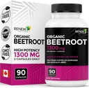 Renew Actives Organic Beetroot Supplement 1300MG per 2 Capsules - Pure Beetroot Toz For Circulation, Natural Energy, & Antioksi Faydaları - Kanada'da Yapılan Yüksek Lisans Superfood - 90 Capsules