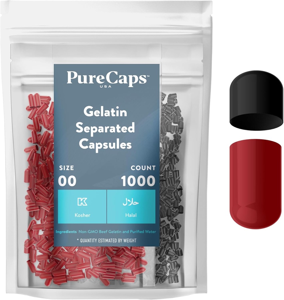 Purecaps USA - Boş Gelatin Pill Capsules Boyutu 00 / 1000 Ayrılı Pills / Black / Red| Non-GMO sertifikalı | SLS, Gluten, Preservative Free Free